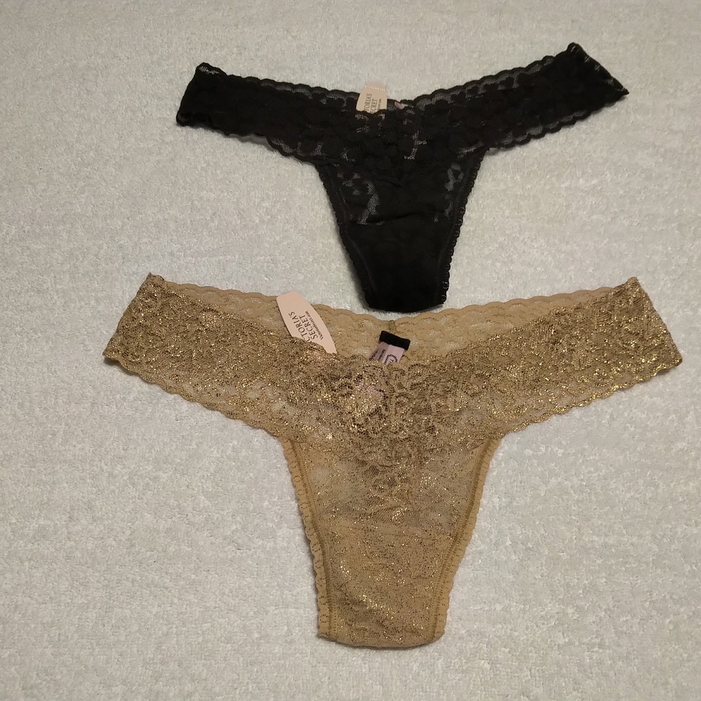 BRAND NEW Victoria's Secret Black & Gold Thong Bundle - The Lacie - One Size